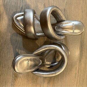 Silver leather Alexandre Birman Lilla 85 high heel open toe sandals mules sz 6.5